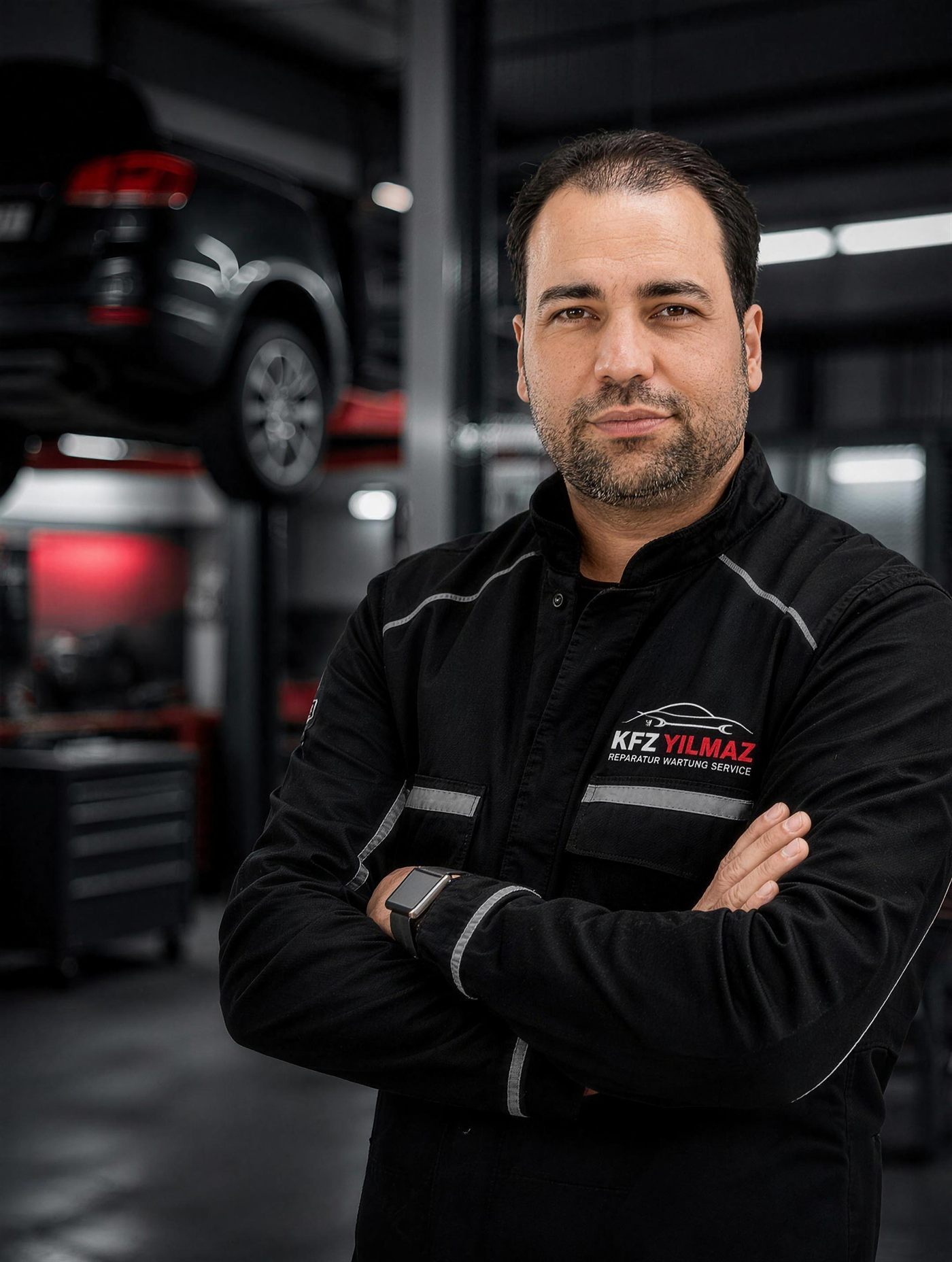 Alesheim'daki KFZ Yilmaz servisinde iş kıyafetiyle Yilmaz Öngün